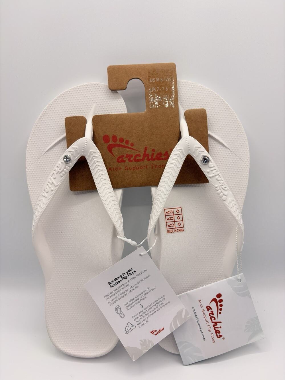 Archies Flip Flop Sandal Unisex Sz M8 W9 White Arch Support Therapy Crystal NWT